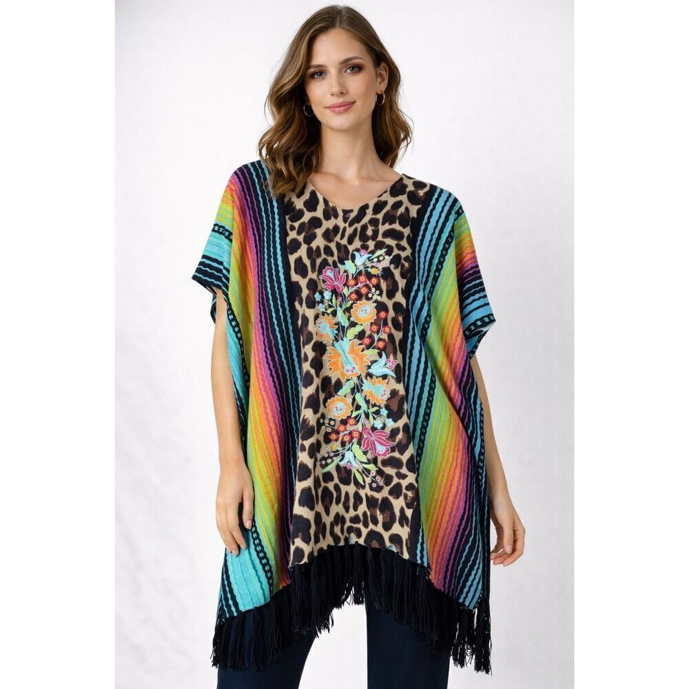 Crazy Train Boho Leopard & Serape Stripe Fringe Poncho – Embroidered one Size